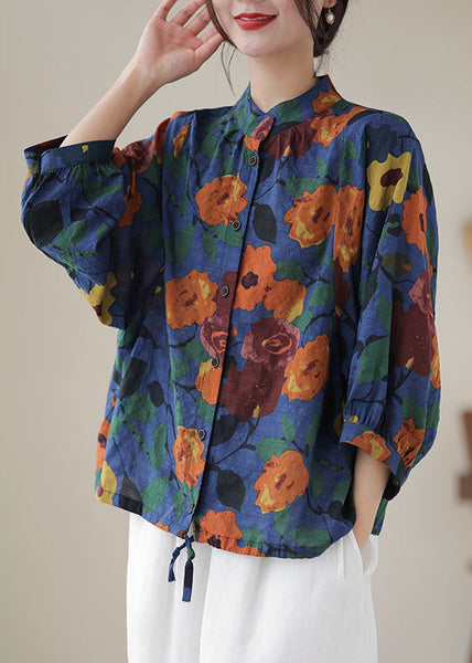 Blue Print Cotton Blouses Stand Collar Button Long Sleeve AP051 GK-LTP240718