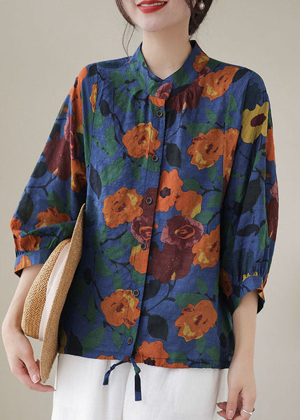 Blue Print Cotton Blouses Stand Collar Button Long Sleeve AP051 GK-LTP240718
