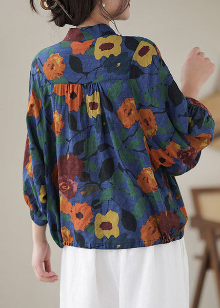 Blue Print Cotton Blouses Stand Collar Button Long Sleeve AP051 GK-LTP240718