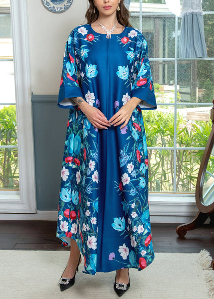 Blue Print Nail Bead Cotton Maxi Dresses O Neck Bracelet Sleeve AA1019 Ada Fashion