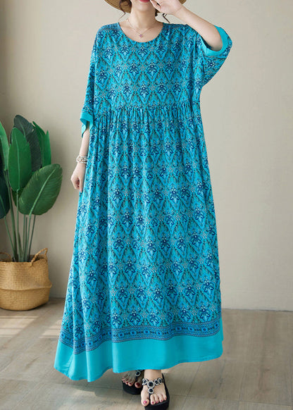 Blue Print Plus Size Cotton Long Dress O Neck Summer AP041 GK-SDL240718