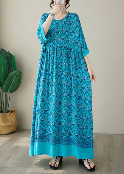 Blue Print Plus Size Cotton Long Dress O Neck Summer AP041 GK-SDL240718