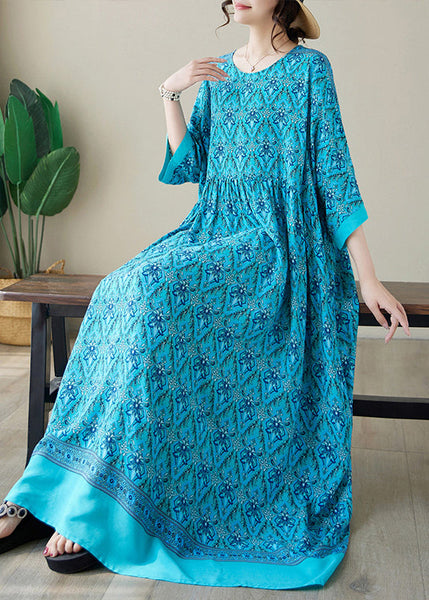 Blue Print Plus Size Cotton Long Dress O Neck Summer AP041 GK-SDL240718