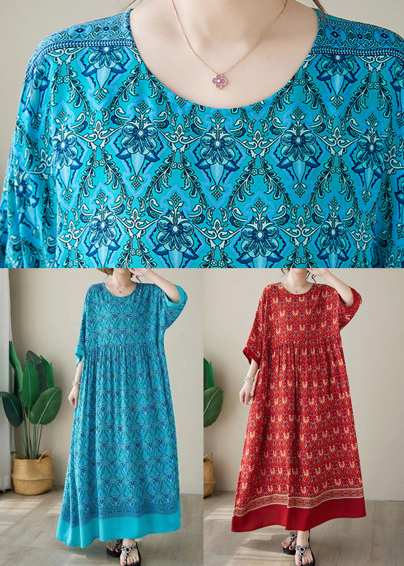 Blue Print Plus Size Cotton Long Dress O Neck Summer AP041 GK-SDL240718