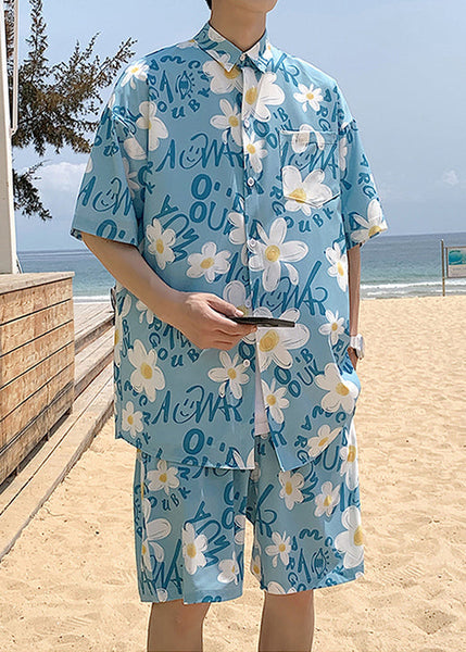 Blue Print Pockets Cotton Mens Two Piece Set Peter Pan Collar Short Sleeve HG046 Men-Silk-MENTS240725