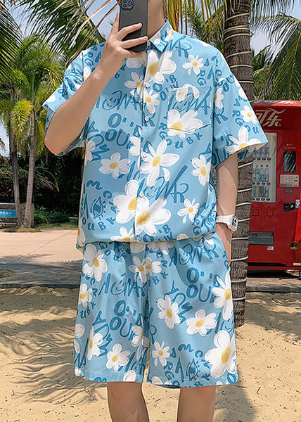 Blue Print Pockets Cotton Mens Two Piece Set Peter Pan Collar Short Sleeve HG046 Men-Silk-MENTS240725