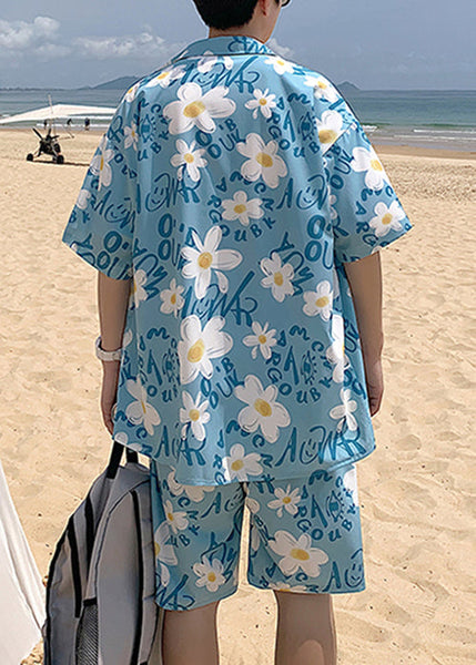 Blue Print Pockets Cotton Mens Two Piece Set Peter Pan Collar Short Sleeve HG046 Men-Silk-MENTS240725