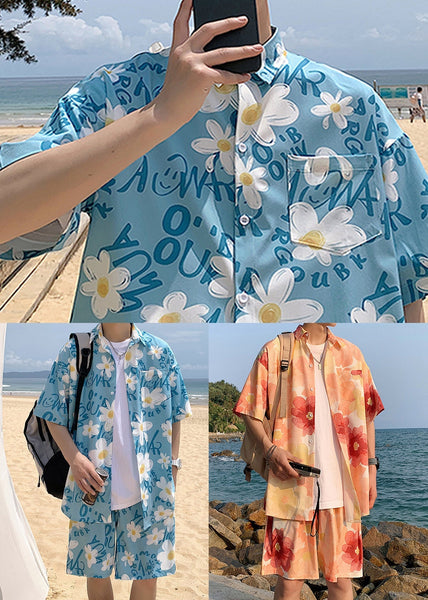 Blue Print Pockets Cotton Mens Two Piece Set Peter Pan Collar Short Sleeve HG046 Men-Silk-MENTS240725