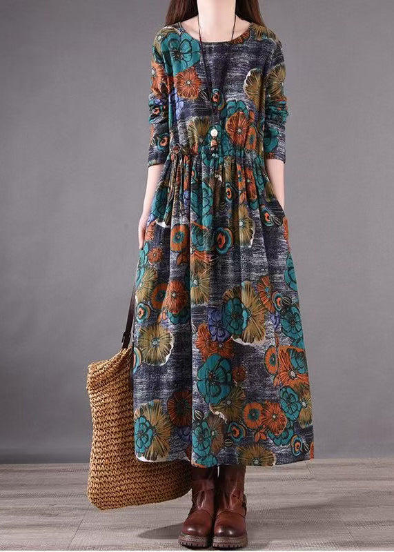 Print Silm Long Blue Dresses Fit Cinched Spring FashionChic
