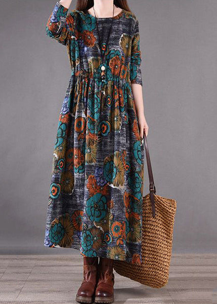 Print Silm Long Blue Dresses Fit Cinched Spring FashionChic