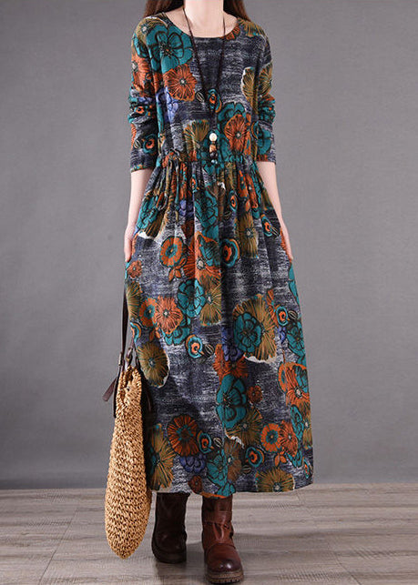Print Silm Long Blue Dresses Fit Cinched Spring FashionChic