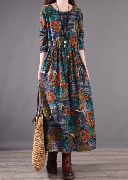 Print Silm Long Blue Dresses Fit Cinched Spring FashionChic