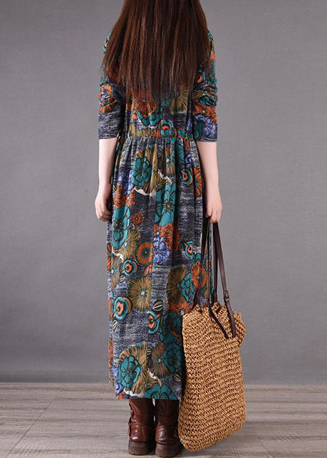 Print Silm Long Blue Dresses Fit Cinched Spring FashionChic