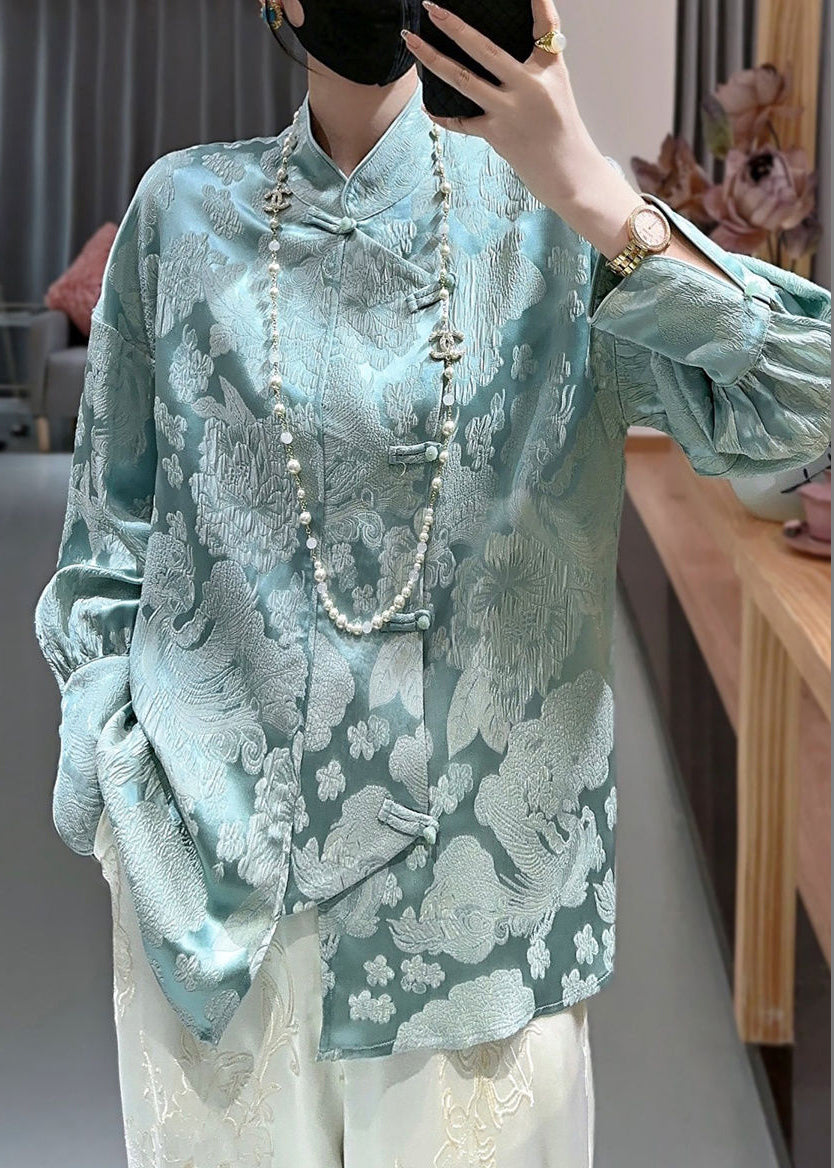 Blue Sky Blue Print Silk Shirt Stand Collar Long Sleeve Ada Fashion