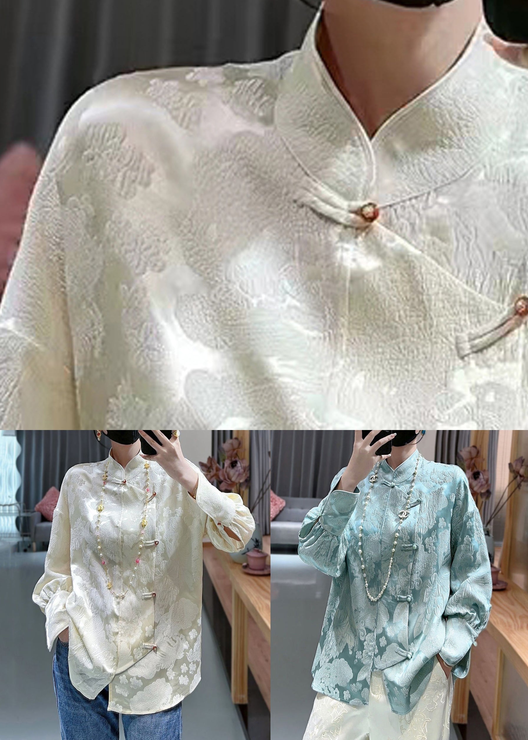 Blue Sky Blue Print Silk Shirt Stand Collar Long Sleeve Ada Fashion