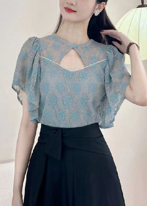 Blue Solid Button Blouses O-Neck Short Sleeve OP1017 Ada Fashion