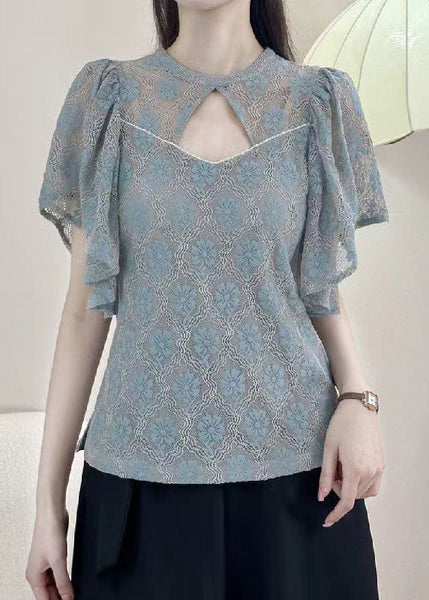 Blue Solid Button Blouses O-Neck Short Sleeve OP1017 Ada Fashion