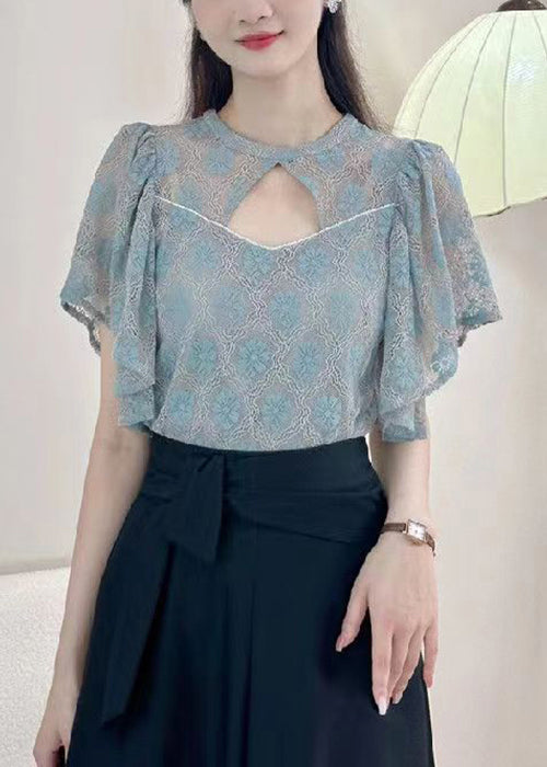 Blue Solid Button Blouses O-Neck Short Sleeve OP1017 Ada Fashion