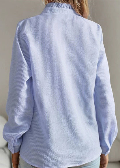 Shirt Blue Solid Puff Ruffled Patchwork Sleeve FashionChic