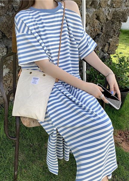 Cold Shoulder Cotton Blue Striped Robe Summer Dresses FashionChic