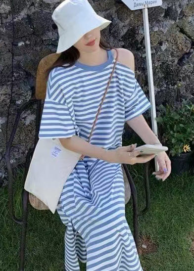 Cold Shoulder Cotton Blue Striped Robe Summer Dresses FashionChic