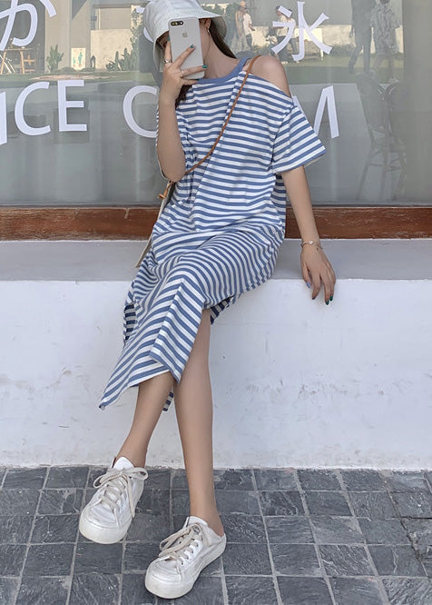 Cold Shoulder Cotton Blue Striped Robe Summer Dresses FashionChic