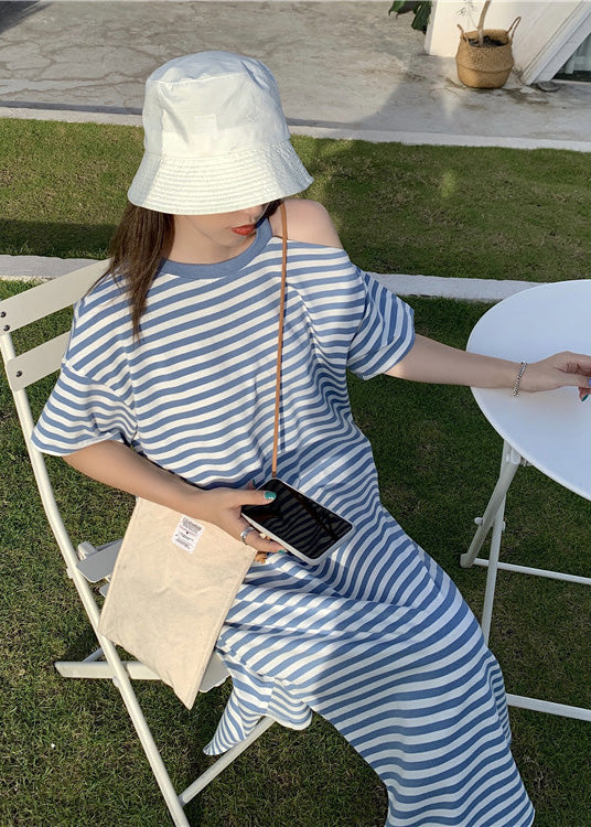 Cold Shoulder Cotton Blue Striped Robe Summer Dresses FashionChic