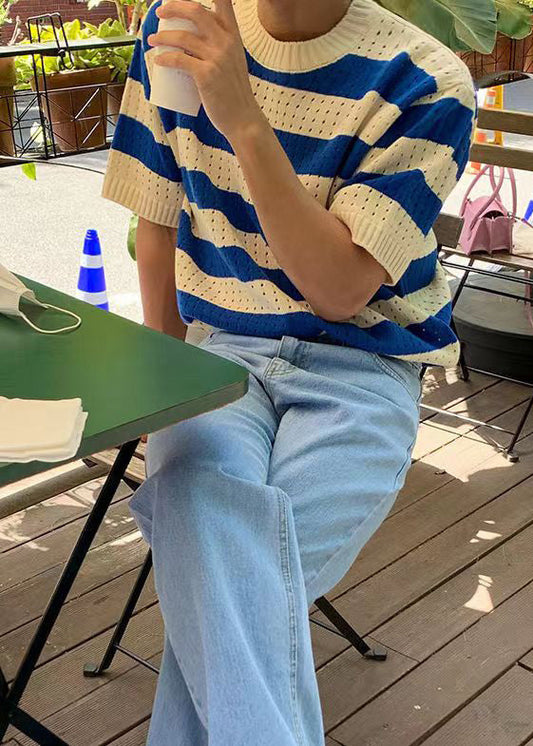 Mens Hollow Knit Shirts T Striped Blue Summer Graphic Out FashionChic