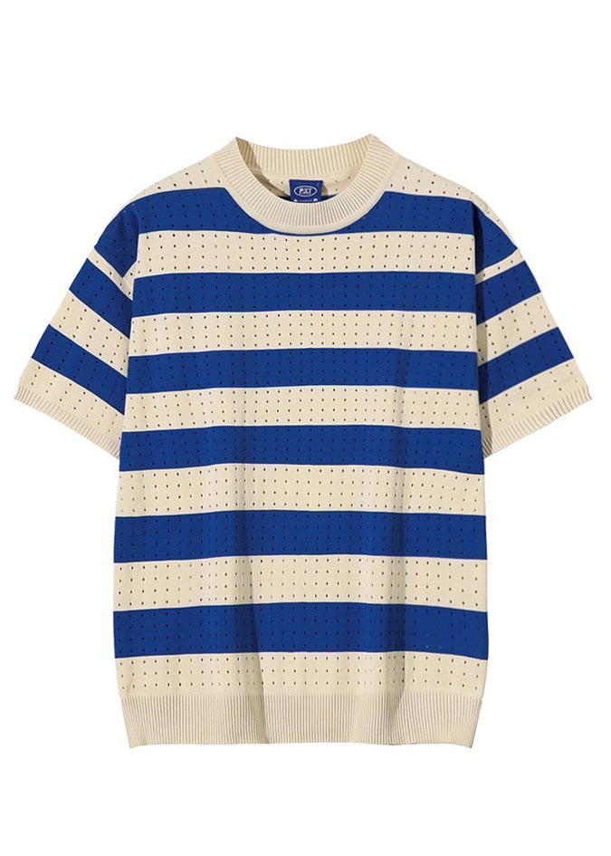 Mens Hollow Knit Shirts T Striped Blue Summer Graphic Out FashionChic