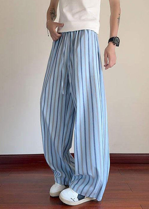 Men Elastic Up Pants Lace Striped Summer Waist Blue Cotton FashionChic