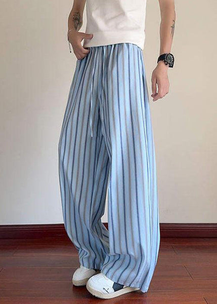 Men Elastic Up Pants Lace Striped Summer Waist Blue Cotton FashionChic