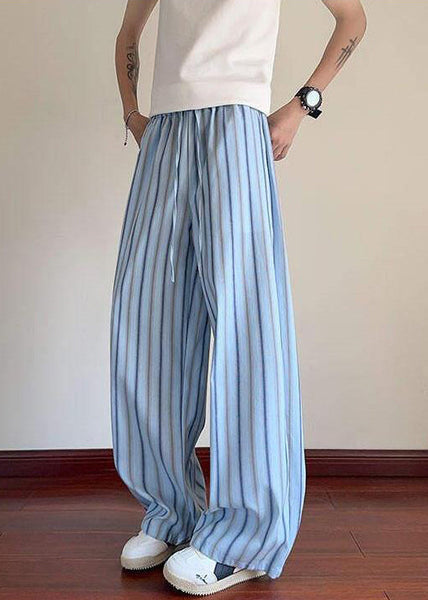 Men Elastic Up Pants Lace Striped Summer Waist Blue Cotton FashionChic