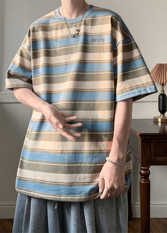 Summer Neck Cotton T O Letter Blue Striped Men Shirts FashionChic