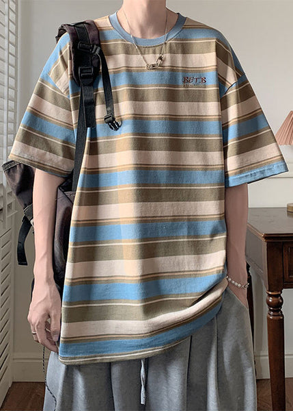 Summer Neck Cotton T O Letter Blue Striped Men Shirts FashionChic