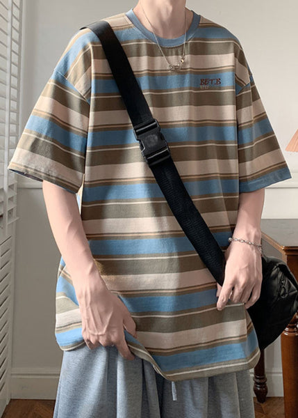 Summer Neck Cotton T O Letter Blue Striped Men Shirts FashionChic