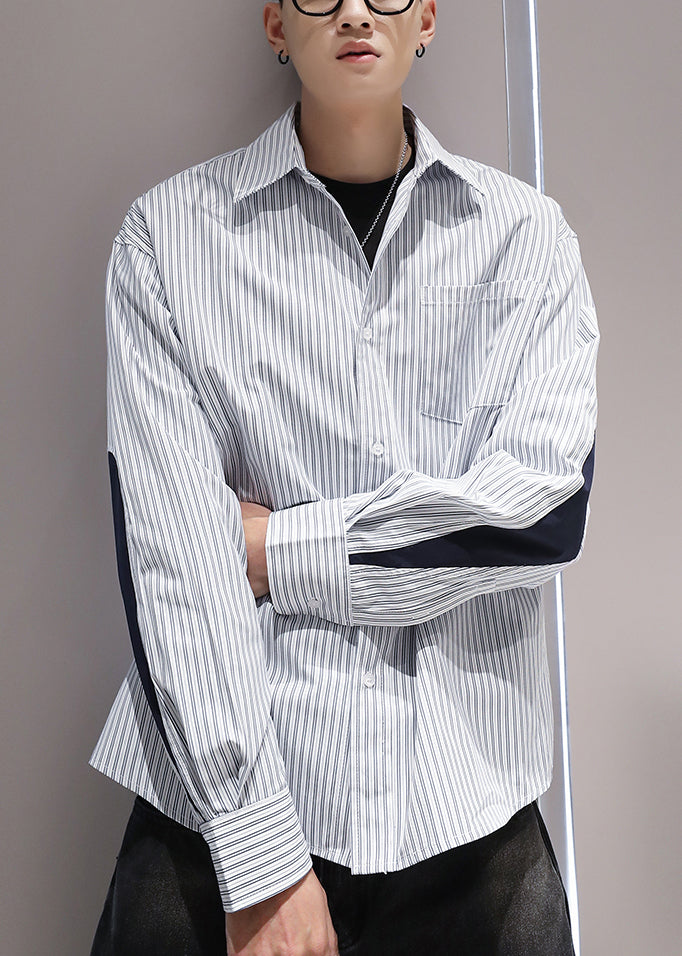 Collar Patchwork Shirts Peter Blue Cotton Striped Pockets Pan Men FashionChic