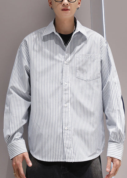 Collar Patchwork Shirts Peter Blue Cotton Striped Pockets Pan Men FashionChic