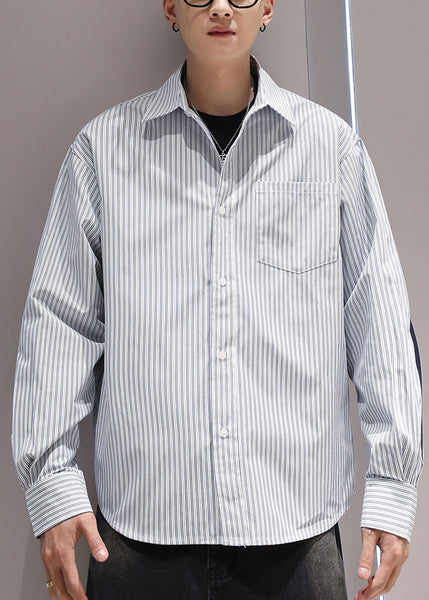 Collar Patchwork Shirts Peter Blue Cotton Striped Pockets Pan Men FashionChic