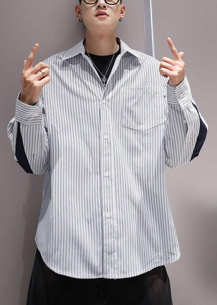 Collar Patchwork Shirts Peter Blue Cotton Striped Pockets Pan Men FashionChic