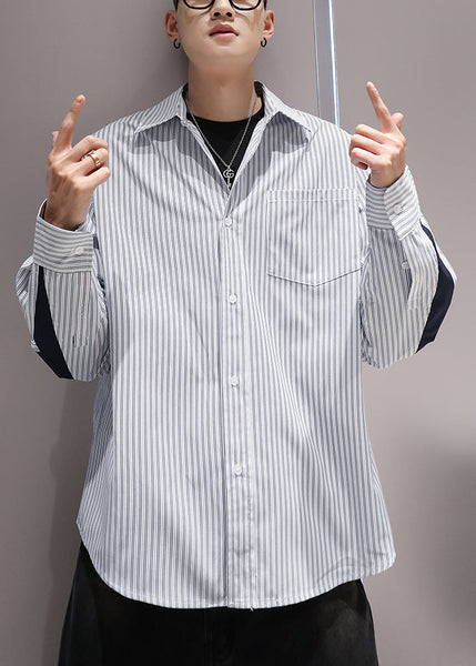 Collar Patchwork Shirts Peter Blue Cotton Striped Pockets Pan Men FashionChic