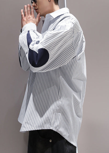 Collar Patchwork Shirts Peter Blue Cotton Striped Pockets Pan Men FashionChic