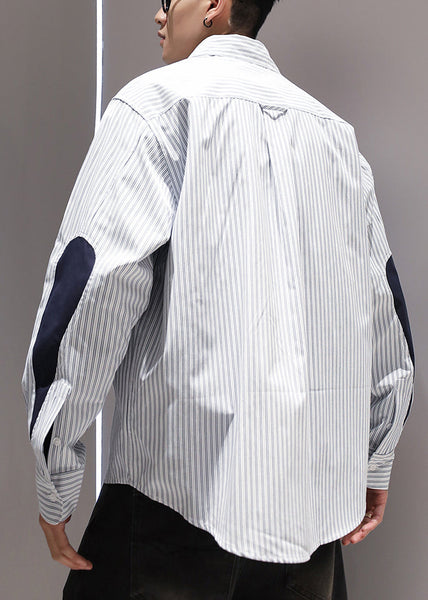 Collar Patchwork Shirts Peter Blue Cotton Striped Pockets Pan Men FashionChic