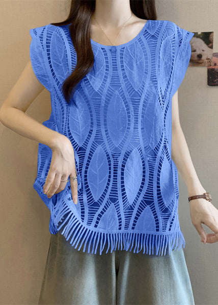 Blue Summer O-Neck Tasseled Tank Solid Cotton FashionChic