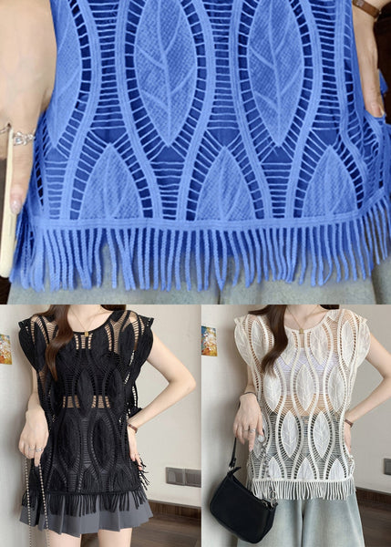 Blue Summer O-Neck Tasseled Tank Solid Cotton FashionChic