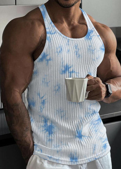 Striped O Sleeveless Tie Neck Blue Cotton Dye Tank FashionChic