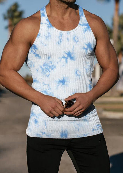 Striped O Sleeveless Tie Neck Blue Cotton Dye Tank FashionChic