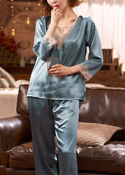 Set Blue Pajamas Neck And Pants Fall Tops Crop O Piece Two Silk FashionChic