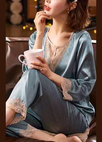 Set Blue Pajamas Neck And Pants Fall Tops Crop O Piece Two Silk FashionChic