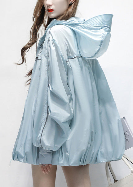 Zippered Blue Cotton Summer Hooded Pockets Thin Coats FashionChic