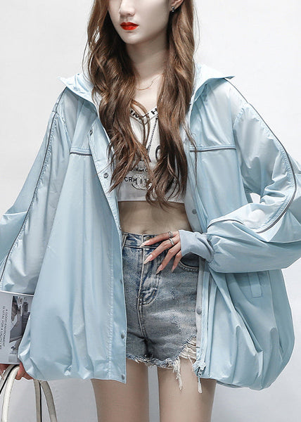 Zippered Blue Cotton Summer Hooded Pockets Thin Coats FashionChic